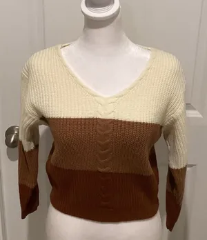 SHEIN V-Neck Sweater in Cream and Brown Tones thumbnail 1