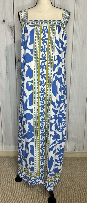 Vince Camuto Floral Border Print Smocked Back Maxi Dress Blue White Sz L Rayon thumbnail 1