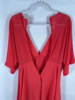 Coral Pink Chiffon Deep V Back‎ Fit & Flare Dress Women’s Size 4 26” Waist thumbnail 8