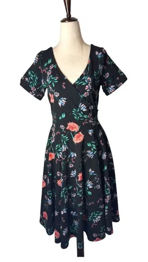 Eva Rose Dress Women Small Black Floral Fit And Flare‎ Midi Boho Cottage Retro thumbnail 1
