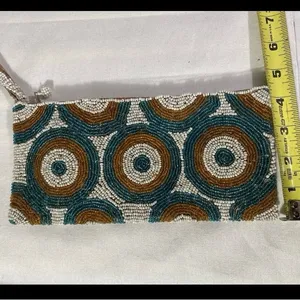 Hand Beaded Wristlet Clutch Teal Brown White Geometric Boho Zip Pouch thumbnail 4