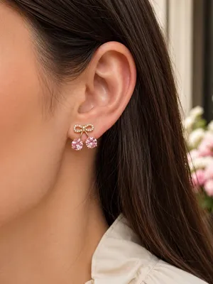 Gold-Tone Pink Crystal Cherry Drop Earrings with Rhinestone Bow Accents thumbnail 2