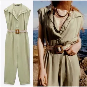 ZARA Jumpsuit Size S Khaki Cap Sleeve Crop Leg With Belt‎ loops Button Up thumbnail 2