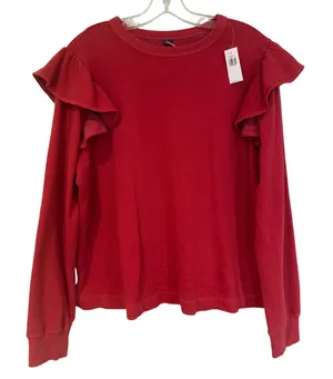 Old Navy Ruffle Sleeve Sweatshirt‎ Women's Large Red Preppy Classic Feminine NWT thumbnail 1