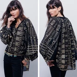 Free People New Romantics Palacio Blouse Womens Black‎ Gold XS thumbnail 2