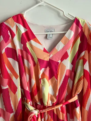 Nicole Miller NY Pleated Mini Dress Size L Multicolor Abstract V-Neck thumbnail 5