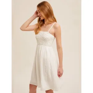 Hem & Thread NEW White Babydoll Smocked Mini Dress Sundress Size Medium thumbnail 3