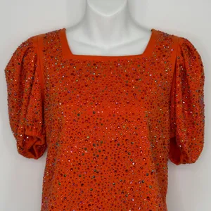 Queen of Sparkles Top XS Orange Rhinestone Puff Sleeve Square Neck Party‎ Bling thumbnail 3