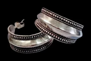 Vintage Sterling Silver Raised Midline Granulated Edge Accent 925 Hoops Earrings thumbnail 2