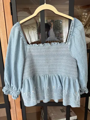 American Eagle babydoll top Denim Smocked Peplum square Puff Sleeve Embroidered thumbnail 2