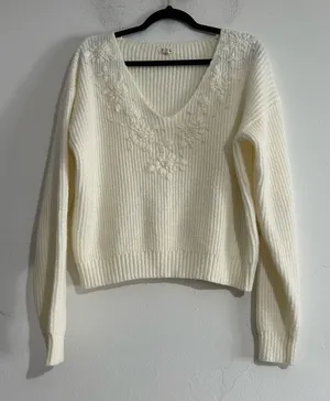 POL Cream V-Neck Pearl Beaded Floral Sweater Size Small Boho Coquette thumbnail 1