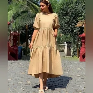 ZARA Asymmetric Puff Sleeve Tiered Cotton Poplin Midi Dress‎ in Camel Size XS thumbnail 3
