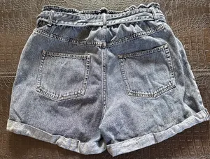 H&M Womens Cuffed Blue Jean Shorts Paperbag High Rise Elastic Waist Tie Belt 14 thumbnail 6