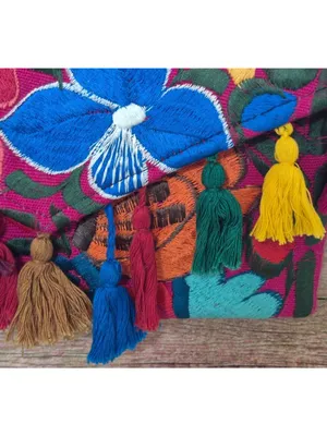 NWOT Mexican Embroidered Crossbody Envelope Purse Multicolor Floral Tassels thumbnail 3