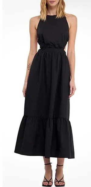 English Factory Dress Black Open‎ Back Crisscross Strap Tiered Midi Small NEW thumbnail 1