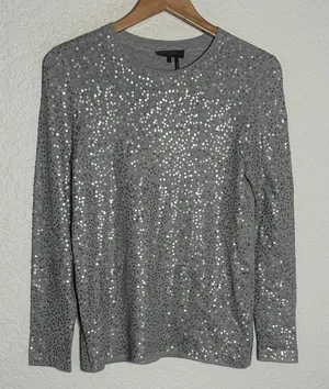 NEW Donna Karan New York Gray Sequin Top Long Sleeve Sparkle Preppy Holiday thumbnail 1