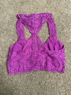 Free People Intimately Lace Racerback Bralette‎ Magenta Floral Boho Bra Size XS thumbnail 3