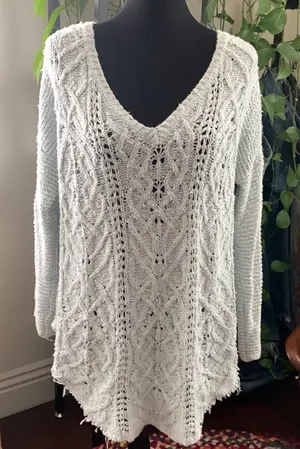Free People Minty Blue Open Crochet Knit Long Sleeve V-neck Boho Hippie Sweater thumbnail 1