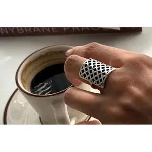 Solid Statement Ring White Gold Plated Sterling Adjustable‎ Lattice Wide Band thumbnail 5