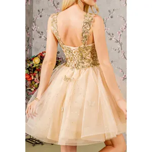 Fiesta Fashion Gold Butterfly Appliqué Sequined Corseted Fit & Flare Party Dress thumbnail 4