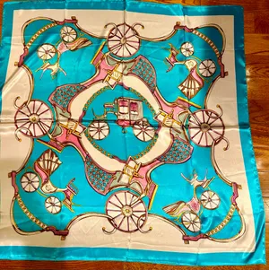 VTG Royal Regal Carriage Print turquoise/PINK oversized square Silky Scarf 35/35 thumbnail 3