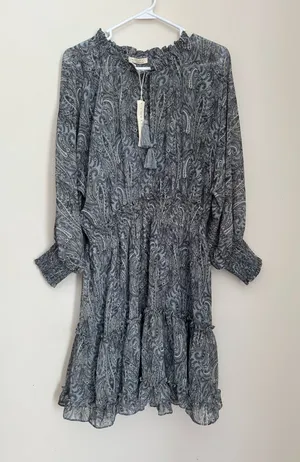 Lovestitch Paisley Boho Peasant Mini Dress Women’s Large Blue Gray Tassel NWT thumbnail 1