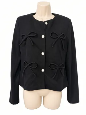 RIVIR Black Knit Jacket Size M Bow Detail Pearl Rhinestone Buttons Collarless thumbnail 1