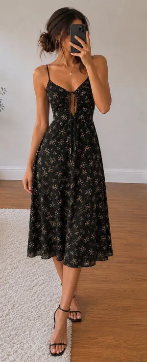 AFRM Cora Keyhole Floral Midi Dress Small Black Ditsy Floral Sold Out $118 thumbnail 1
