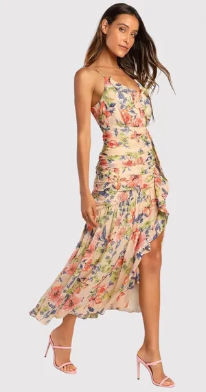 Lulus Dress Blush Pink Stunning Soiree Floral Ruched Midi V Neck Chiffon Small thumbnail 1