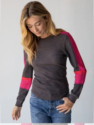 Natural Life London Trim Thermal Knit Top Gray Pink Size Medium Long Sleeves thumbnail 4