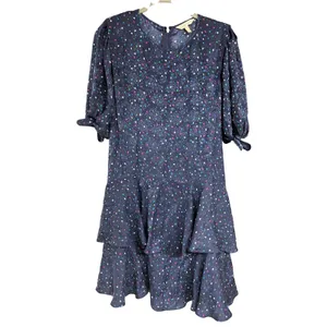 Rebecca Taylor Speckled Dot Silk Mini Dress Navy Blue Tiered Ruffle 2 thumbnail 4