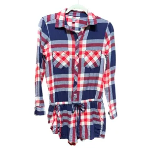 Aerie‎ Blue Red Plaid Long Sleeve Button Down Romper Small Americana Preppy thumbnail 2