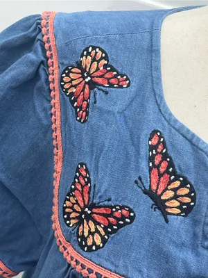Go Softly Patio Blue Denim Butterfly Embroidered Dress House Duster Medium thumbnail 4