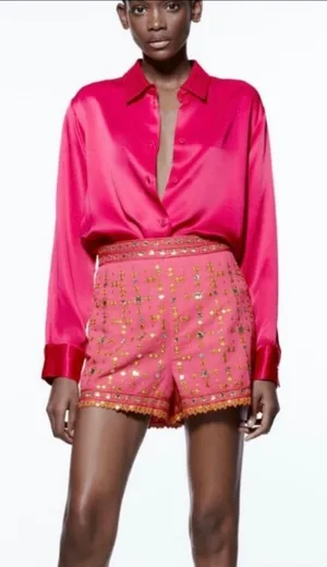 ✨ ZARA Fuchsia Pink Mirror Embroidered Shorts - Boho Festival High-Waisted Size S thumbnail 1