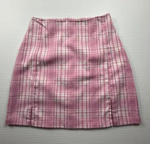 Brandy Melville Pink White Plaid Mini Skirt High Waisted Side‎ Slits Size XS S thumbnail 1
