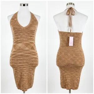 Wild Fable Brown Space Dye Knit Halter Mini Dress V-Neck Bodycon Stretchy thumbnail 2