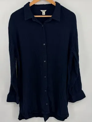L.L. Bean cloud gaze cotton navy crinkle cover up button front shirt women’s XL thumbnail 1