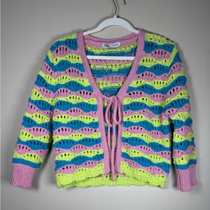 Zara Chunky Crochet Striped Front Tie Cardigan Retro Boxy Vibrant Y2K Sz M thumbnail 7