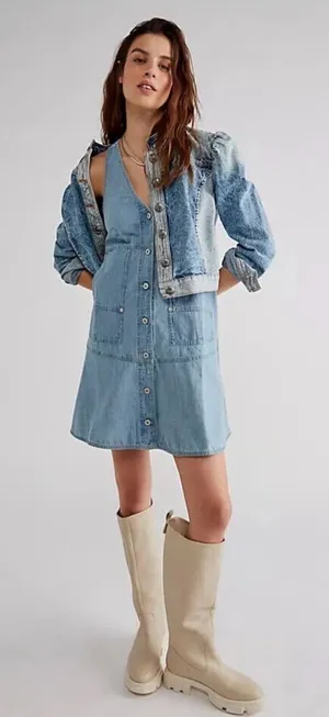 Free People We The Free Pocket Full of Sunshine Denim Mini Dress Size Medium thumbnail 1
