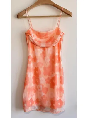 See You Monday Floral Mesh Cowl Neck Mini Dress Pink Orange Size M thumbnail 2