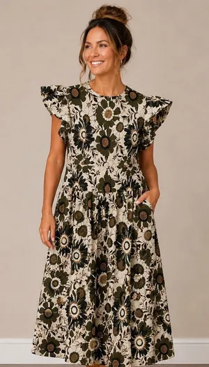 o.p.t Womens Retro Floral‎ Flutter Sleeve Cotton Midi Dress Olive Green Size M thumbnail 1