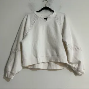 Aerie Hey Crochet Lace Trim Notch Neck Sweatshirt White Small thumbnail 1