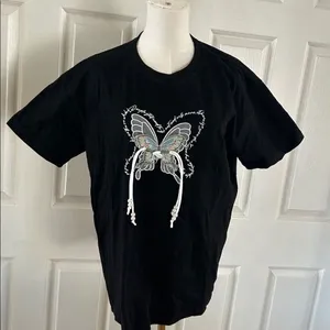 Aelfric Eden Butterfly embroidered Tee shirt with string Pearls, Black, XS, NWT thumbnail 1