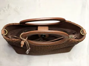 Vintage Fossil Brown Woven Tote Bag with Leather Trim & Logo Key Charm thumbnail 13