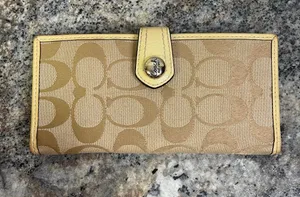 Coach Signature C Tan Clutch Wallet with Yellow Trim thumbnail 1