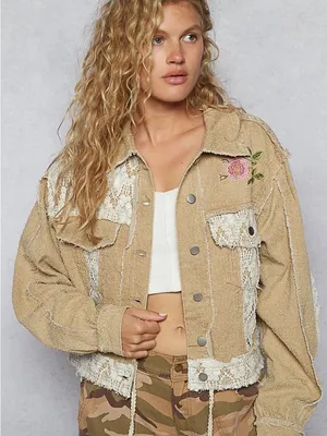 POL Cropped Raw Edge Distressed Jacket Medium Boho Lace Floral Embroidery thumbnail 1
