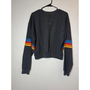 Aviator Nation 5 Stripe Crew Sweatshirt Black Rainbow Sleeve Stripes XS‎ thumbnail 3