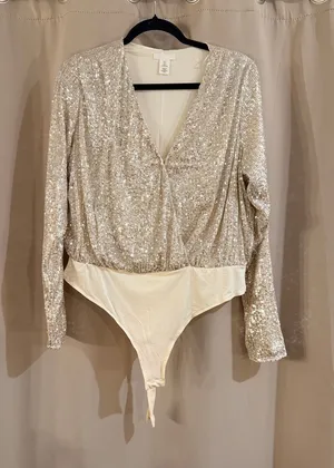 H&M Sequin V-Neck Bodysuit in Cream thumbnail 1