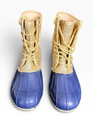 Sugar Women Blue Gold Glitter Duck Boots Lace Up Faux Fur Lined Rain Snow Boots thumbnail 1