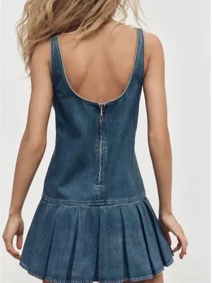 New With Tags small Wash Denim Pleated Dress Country Summer Preppy ZARA thumbnail 2